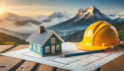 Working site of contractor helmet, pencil, house on the design paper - obrazy, fototapety, plakaty