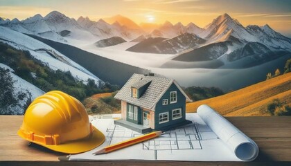 Working site of contractor helmet, pencil, house on the design paper - obrazy, fototapety, plakaty