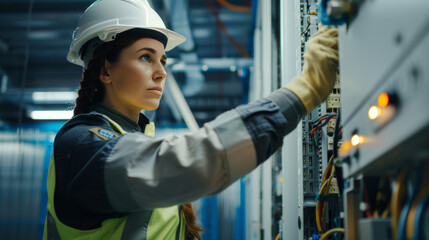 A professional female engineer in safety gear is intently inspecting or fixing an electrical panel