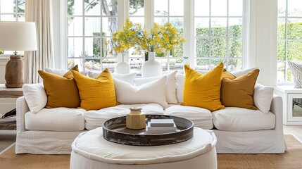 Round coffee table near white sofa with yellow pillows against white wall with copy space. Scandinavian home interior design of modern luxurious living room.