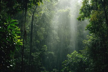 A serene forest scene featuring countless green trees creating a lush and vibrant environment, A dense forest canopy obscuring a rainfall, AI Generated - obrazy, fototapety, plakaty