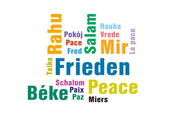 Das Wort Frieden in verschiedenen Sprachen der Welt wie Peace Salam Rahu Schalom