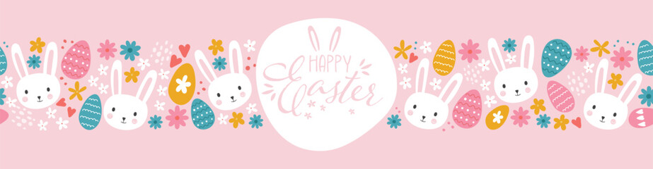 Easter concept with colourful eggs, cute bunnies and flowers. Seamless pattern. Great for textiles, banners, wallpapers, wrapping - vector design