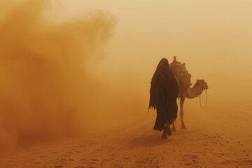 A captivating image capturing the resilience and adventurous spirit of a man walking with a camel in the desert, A desert nomad and his camel trudging against a sandstorm, AI Generated