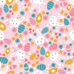  Easter concept with colourful eggs, cute bunnies and flowers. Seamless pattern. Great for textiles, banners, wallpapers, wrapping - vector design © TALVA