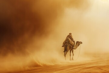 A man effortlessly rides a camel in the desert, traversing the vast expanse of sand under the clear blue sky, A desert nomad and his camel trudging against a sandstorm, AI Generated - Powered by Adobe