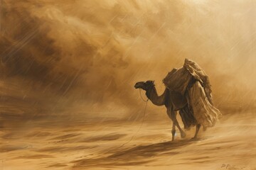 A captivating painting depicting a man riding a camel through the vast desert landscape, A desert nomad and his camel trudging against a sandstorm, AI Generated
