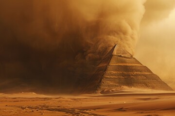 A very tall pyramid stands prominently in the middle of an arid expanse, evoking a sense of awe and wonder, A desert sandstorm swallowing an ancient pyramid, AI Generated