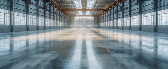 Expansive Industrial Warehouse Interior with High Ceilings, Large Windows and Sunlight Casting on Polished Concrete Floor - obrazy, fototapety, plakaty