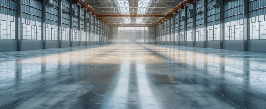 Expansive Industrial Warehouse Interior with High Ceilings, Large Windows and Sunlight Casting on Polished Concrete Floor