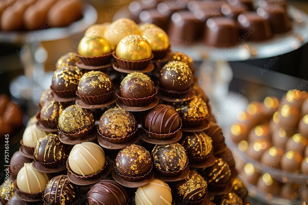 Poster a tempting display of various chocolates stacked neatly, creating an impressive tower on a table, a 