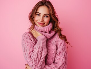 a woman wearing a pink sweater