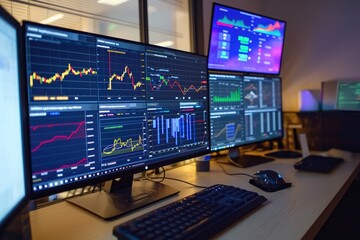 Fototapeta premium A desk setup featuring three computer monitors and a keyboard, designed to enhance productivity and facilitate multitasking, A desktop with multiple screens showing various data graphs, AI Generated