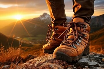 the boots of the woman mountain trekker in the countryside in sunset in mountains