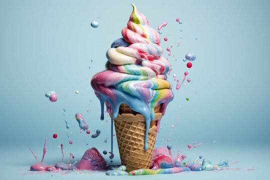colorful ice cream cone with lots of colorful icing splashed all over it