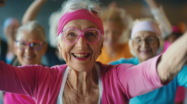 A group of senior citizens raising their arms in celebration during a fitness class, depicting joy and community spirit