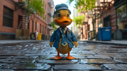 Dapper duck waddles through city streets in stylish attire, embodying street fashion with avian charm. The realistic urban setting captures the delightful fusion of whimsy and contemporary elegance