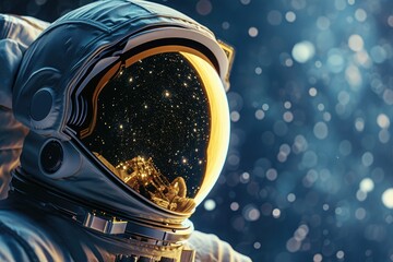 An astronaut wearing a space suit gazes at the stars in the vast, dark expanse of space, A detailed image of a gold-plated visor on an astronautâ€™s helmet in the void of space, AI Generated - obrazy, fototapety, plakaty