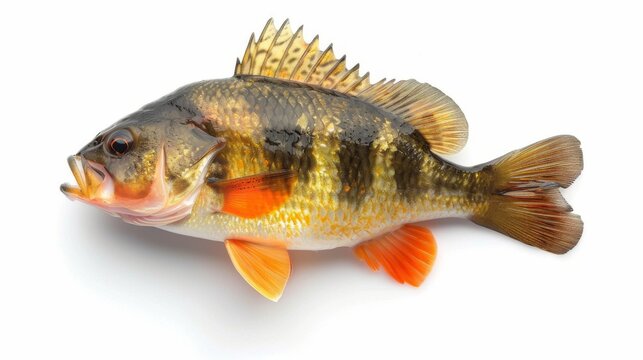 Vibrant Yellow Perch Isolated on White, A detailed Yellow Perch fish with striking orange fins presented on a pure white background.