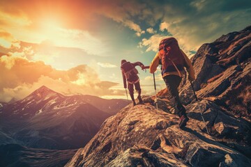 Two individuals making their way up the mountainside, conquering the challenging terrain with determination, A determined hiker pulling an exhausted friend towards the mountain summit, AI Generated - obrazy, fototapety, plakaty