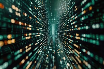 Obraz premium Witness the mesmerizing beauty of a tunnel of lights, illuminating a dark room with a stunning visual spectacle, A digital binary code in vertigo perspective, AI Generated