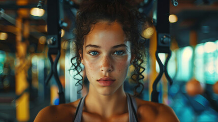 Fototapeta na wymiar A young woman gazes intently at the camera, with gym equipment blurred in the background