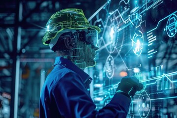 A skilled man with a hardhat intently works on a digital screen, employing construction site technology, A digital display of intelligent automation in construction technology, AI Generated