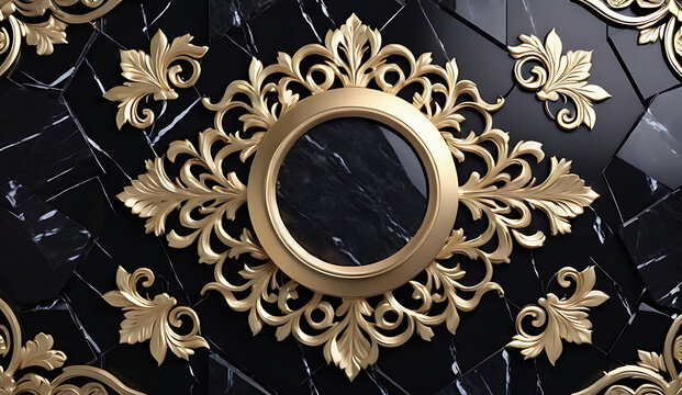 background, model of ceiling or wall decoration with 3d wallpaper. decorative frame on a luxurious background of black and gold marble and mandala