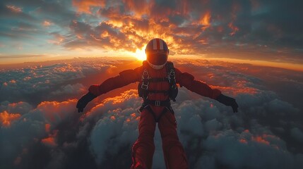 Skydiver in free fall at sunset. Extreme and sporty lifestyle with beautiful skies. Parachute jump. - obrazy, fototapety, plakaty