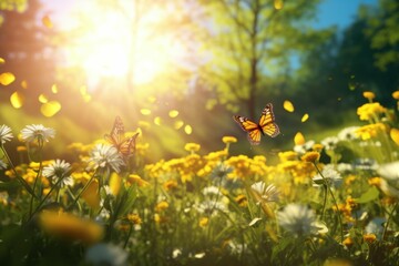 sun light and butterflies on the flowering meadow