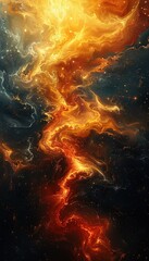 Dynamic paint swirl with gold and red hues exploding into black void. Abstract background.