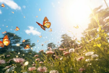 an image of butterflies flying above a field in the springtime