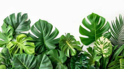 Assorted Tropical Green Leaves on White, A lush arrangement of various tropical green leaves, offering a natural and vibrant aesthetic on a white background. isolated on white