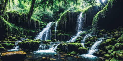 Enchanted Waterfall. A waterfall cascades down moss-covered rocks, revealing a secret grotto behind its veil. - 757162875
