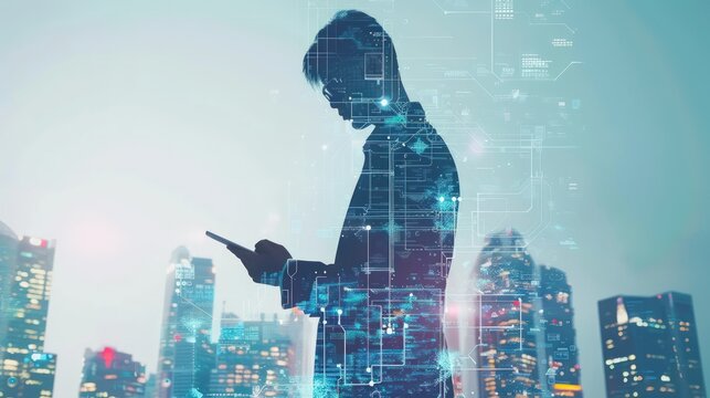 Double exposure businessman holding tablet against city technology background. Generate AI image