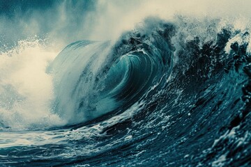 A stunning capture of a massive wave, rising and crashing amidst the endless expanse of the ocean, A dramatic close-up of an ocean wave's spray, AI Generated
