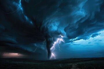 A breathtaking view of a towering cloud crackling with intense lightning, captivating the vastness of the sky, A dramatic skirmish of lightning and tornadoes, AI Generated