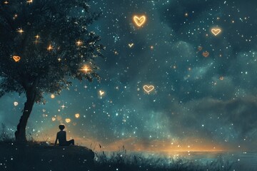 A person is peacefully sitting beneath a tree on the peak of a hill, enjoying the serene beauty of nature, A dreamy star-gazing scene with heart-shaped stars, AI Generated - obrazy, fototapety, plakaty