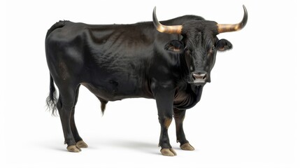 Black Bull with Horns Isolated on White, A majestic black bull with curved horns standing proudly, isolated on a white background.