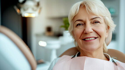 Smiling Mature Woman in Dental Chair at Dentist Appointment