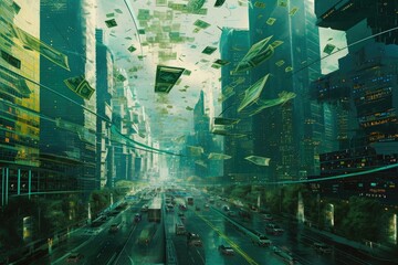 This captivating digital painting portrays a bustling city street adorned with an abundance of money, A dystopian vision of a future without physical currency, AI Generated