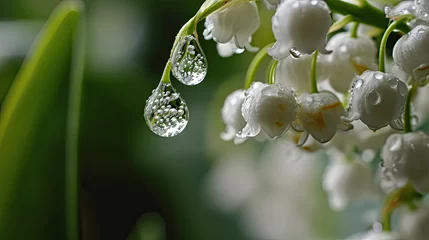  White flowers Lilly of The Valley with rain water drops in garden. Lily of the valley (Lily-of-the-valley) white small fragrant flowers in green leaves. Convallaria majalis woodland flowering plant. © petrrgoskov