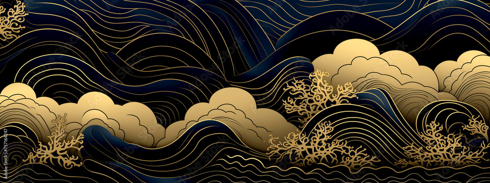 Poster horizontal luxury image of elegant gold pattern on black background in japanese style