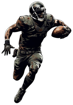 An American football player runs with a ball in his left hand. Watercolor paint. Transparent isolated background