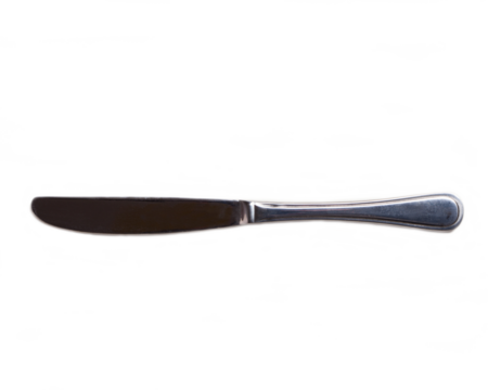 Stainless steel dinner knife on transparent background