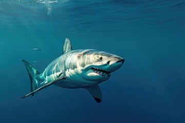 Witness the awe-inspiring sight of a massive great white shark gracefully traversing the open waters, A fascinating Great White Shark patrolling the depths of the ocean, AI Generated