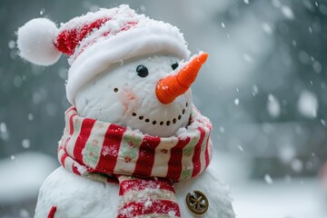 A snowman wearing a red and white scarf and hat stands tall in a serene winter landscape, A festive snowman with a candy cane striped scarf and a carrot nose, AI Generated