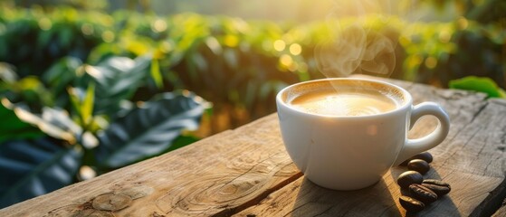 Fresh Coffee Cup on Wooden Table Overlooking Plantation, Morning coffee in a white cup steaming gently on a rustic wooden table with a scenic coffee plantation in the background. - obrazy, fototapety, plakaty