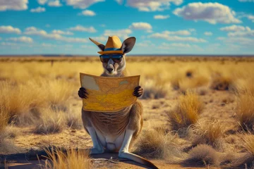Tuinposter A kangaroo in a summer hat and sunglasses stands on two legs in the arid desert, holding a route map to an oasis. Travel content.  © bad_jul