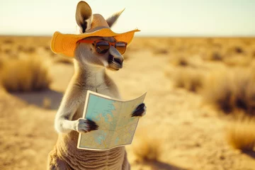  A kangaroo in a summer hat and sunglasses stands on two legs in the arid desert, holding a route map to an oasis. Travel content.  © bad_jul